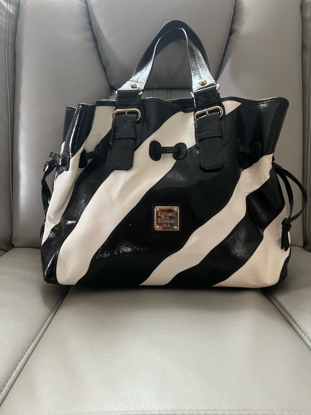 Dooney & Bourke Black and White Striped Patent Tote